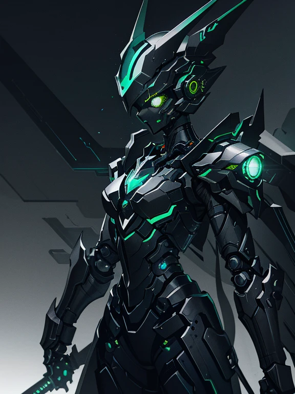 dark cyberpunk art, beautiful mechanical girl, dark metall sharp helmet, (gray metallic skin)), mechanical body, dark background, cyberpunk environment, dark green and gray steel gloss color palette, (dark lighting), many shadows, cold lights