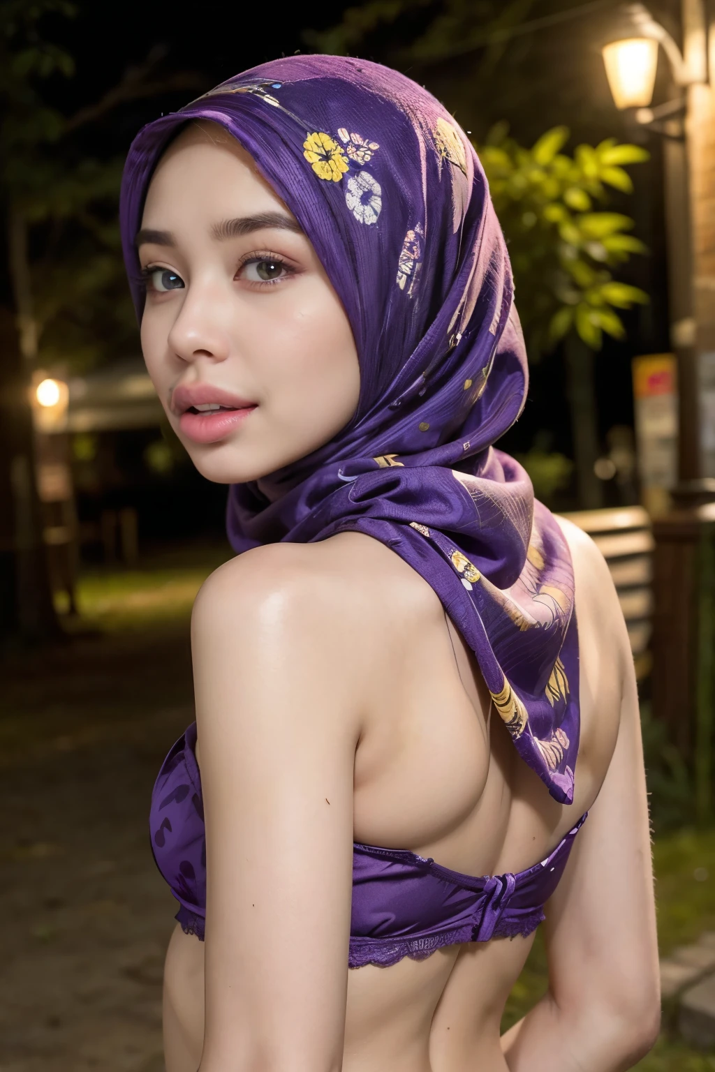 ((thick lips:1.7)), Lace, (Happy smile), (((HIJAB MALAY GIRL))), masutepiece, High quality, UHD 32K, Realistic face, Realistic skin feeling , A Japanese Lady, 8 years old, , Very cute and baby-like face, (((FLAT CHEST))), (Night time at forest), ((look In front  at the camera and SADNESS)), (((FLUORESCENCE))), (((CUTE GIRL))), ((PURPLE & YELLOW LIPS)), ((Floral Pattern)) little wearing strapless bra, strapless colorful bra, dark night horror scary place (from behind up) seductive pose