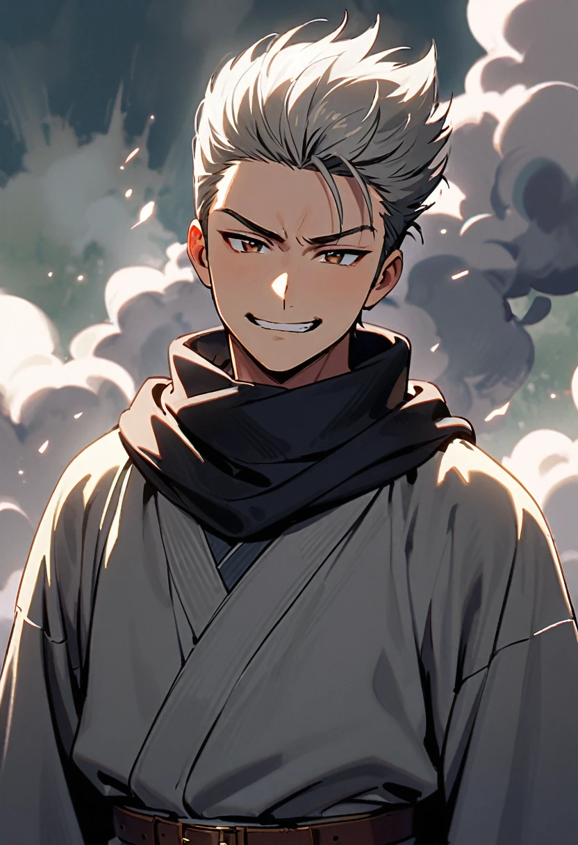 A young man, 25-years-old, solo, caucasian, mature face, light gray short spiky quiff-style hair, brown eyes, angry smile, gray baggy kimono, long sleeves, black scarf, brown belt, surrounded by thick smoke