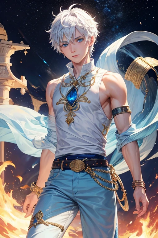 jack frost, 18 year old boy with white hair, short, messy hair, blue eyes, djinn clothing, light blue sleeveless open vest, navy blue vest with white arabic print, light blue arabic pants, gold belt, djinn bracelet with Blue sapphire gems, brown boots, phosphorescent celestial tattoos, surrounded by fire and celestial smoke on a background of Arabian ruins.