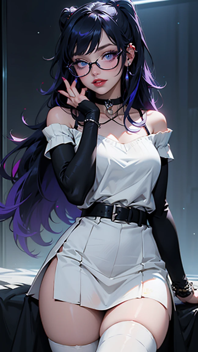 ((best quality)), ((masterpiece)), (detailed), perfect face, female, gamer girl, aqua eyes, cherry-red lips, light smile, long black hair, purple streaks, wearing headphones, bangs, ribbon, choker, bracelet, nerdy glasses, sleeves past fingers, black off-shoulder sweater, white skirt, thigh-highs, gamer girl's bedroom, nighttime, neon lights, colorful lights