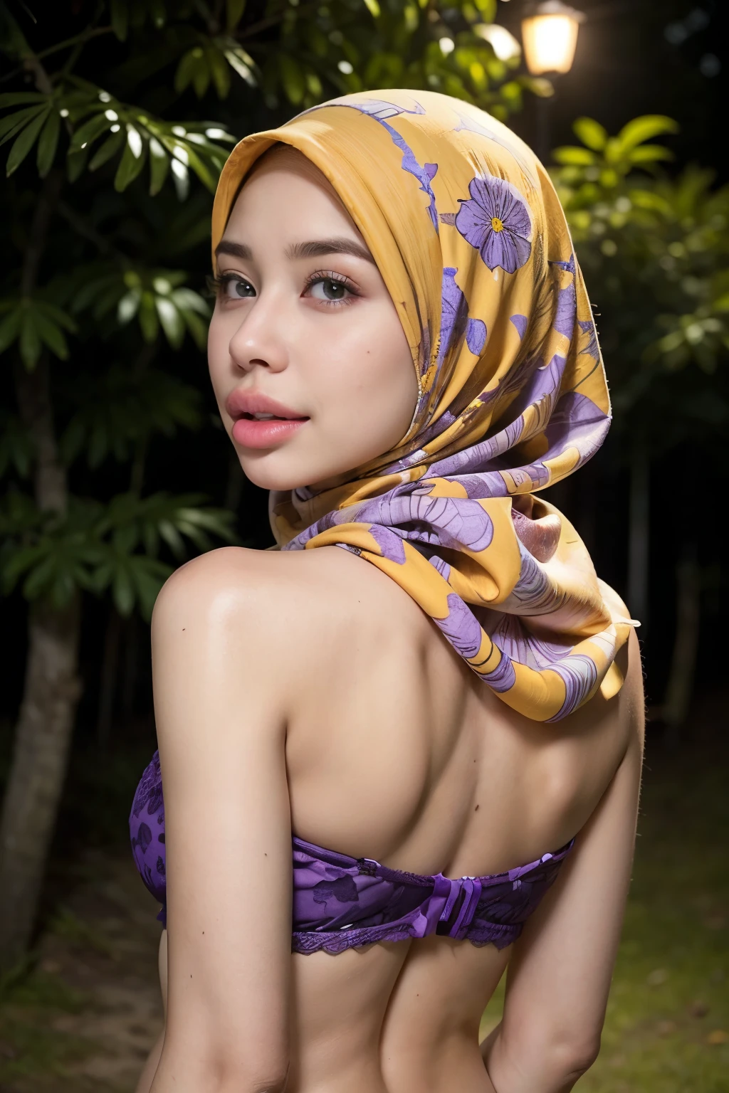 ((thick lips:1.7)), Lace, (Happy smile), (((HIJAB MALAY GIRL))), masutepiece, High quality, UHD 32K, Realistic face, Realistic skin feeling , A Japanese Lady, 8 , , Very cute and baby-like face, (((FLAT CHEST))), (Night time at forest), ((look In front  at the camera and SADNESS)), (((FLUORESCENCE))), (((CUTE GIRL))), ((PURPLE & YELLOW LIPS)), ((Floral Pattern)) little wearing strapless bra, strapless colorful bra, dark night horror scary place (from behind up) seductive pose