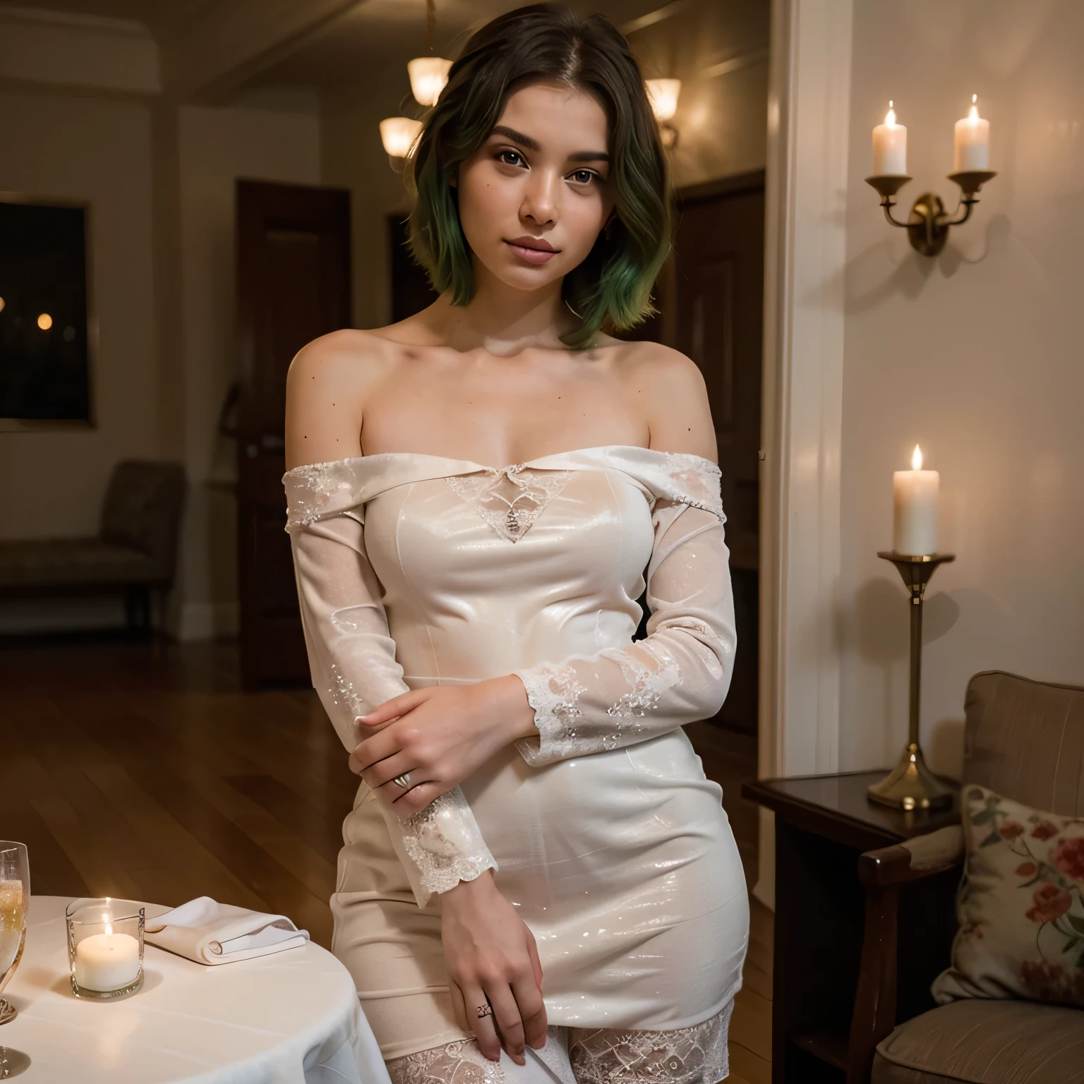 1girls, Nur, green Hair , 24 years old , , short hair, let her hair be at shoulder length, slightly above the shoulder, the tips of the hair will be green, especially the tips of the hair will be green, short hair, A beautiful girl, a real masterpiece of youthful charm, chooses an elegant outfit.  Off-the-shoulder velvet dress, long sleeve, midi length burgundy lace dress.  Choose simple jewelry and a small handbag.  Faux fur adds a touch of stolen glamour.  The setting: The wedding venue is a charming winter wonderland with candlelit hallways and frosted floral arrangements.  Soft instrumental music creates a romantic tone as guests celebrate the couple's special day.  She has beautiful face, bright facial skin, impressionless, very beautiful Instagram model, realistic image.  Dynamic composition, movement, ultra-detailed, incredibly detailed, lots of detail, incredibly fine details and brush strokes, smooth.