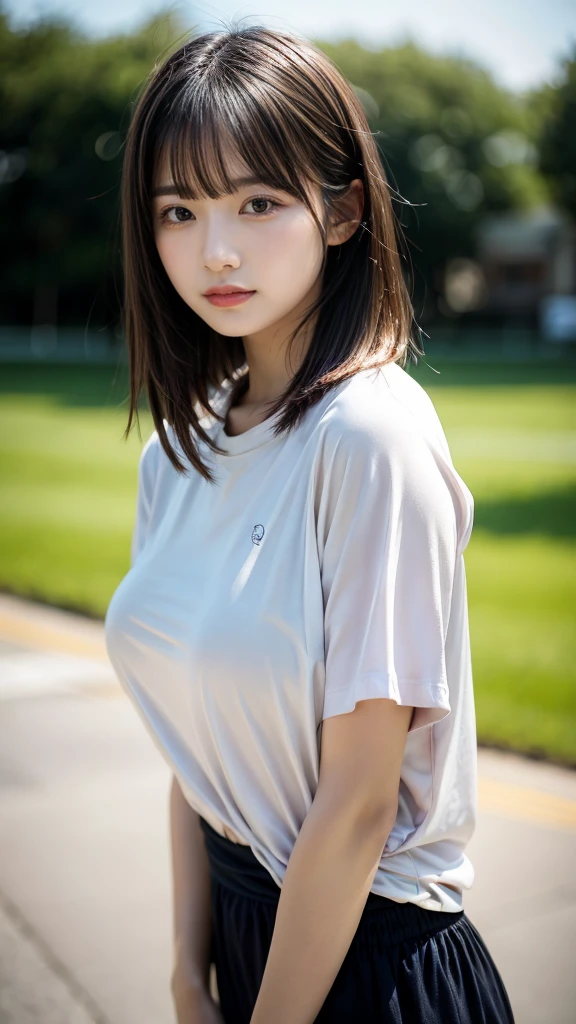 masterpiece, Best Quality, 8K, 20 yo, huge breasts, cuddly, Solo, sad, Cute, Girly, Delicate girl, Neat and clean beauty, Raw photo, Professional Photography, Portrait, Soft light, Professional Lighting, Back lighting, Upper body, from front, Sophisticated, Film grain, (Eyes and faces with detailed:1.0), short length floating hair, beautiful flowing hair, bangs, oversized sport shirt,