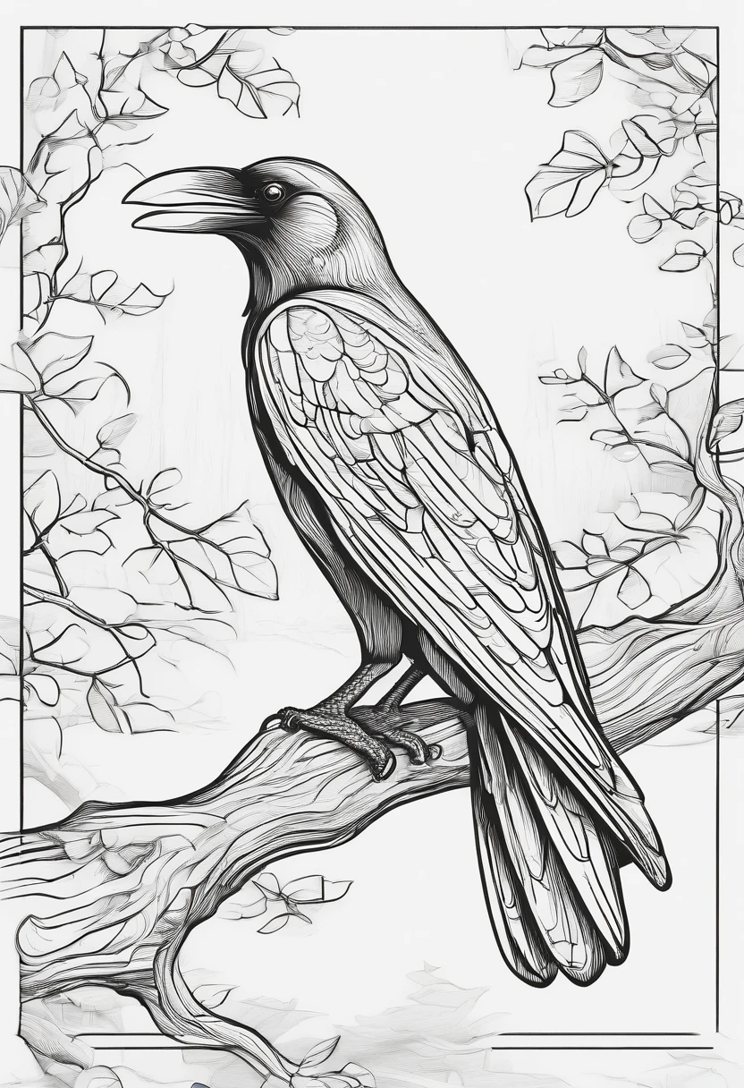 A raven perched on a Branch of an old oak tree, There’s a pathway below and woods beyond, Line art, Cartoon character, details, 3-D style, high-quality, coloring book, hand, drawn, lineart