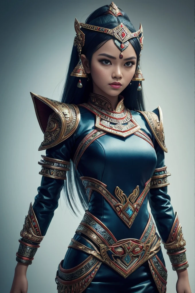 A girl wearing an Indonesian-style futuristic outfit,It embodies cultural integration and modern fashion. The suit is decorated with intricate patterns and bright colors, Showcasing Indonesia’s rich cultural heritage. The girl stood confidently,Strike a dynamic pose, Her meticulous eyes reflect determination and curiosity. The material of this suit is a combination of traditional textiles and future synthetic fibers, Giving it a unique and edgy look. Overall image quality is of the highest standard, Sharp focus,Detail rendering. This artwork uses physically based rendering techniques, Produces realistic lighting and shadows. Bright colors, Capturing the essence of Indonesian cultural aesthetics. The background combines modern architecture and traditional elements, Creating a fusion of the past and the future. The theme explores the intersection of Indonesian culture, Futuristic design, And the artistic image of a confident girl.