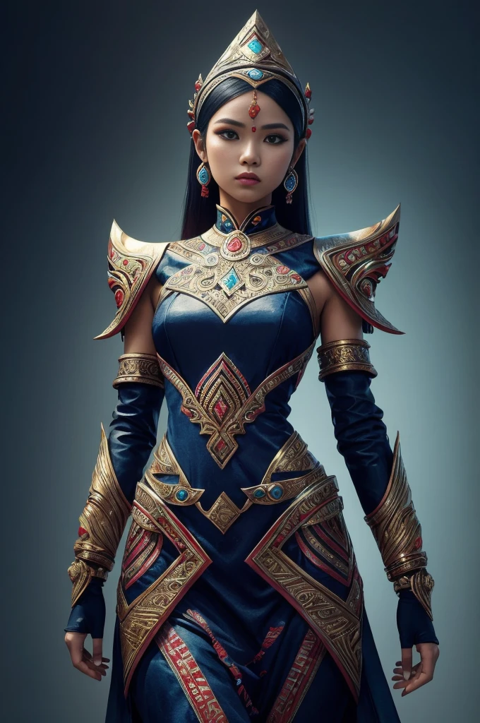 A girl wearing an Indonesian-style futuristic outfit，It embodies cultural integration and modern fashion. The suit is decorated with intricate patterns and bright colors, Showcasing Indonesia’s rich cultural heritage. The girl stood confidently，Strike a dynamic pose, Her meticulous eyes reflect determination and curiosity. The material of this suit is a combination of traditional textiles and future synthetic fibers, Giving it a unique and edgy look. Overall image quality is of the highest standard, Sharp focus，Detail rendering. This artwork uses physically based rendering techniques, Produces realistic lighting and shadows. Bright colors, Capturing the essence of Indonesian cultural aesthetics. The background combines modern architecture and traditional elements, Creating a fusion of the past and the future. The theme explores the intersection of Indonesian culture, Futuristic design, And the artistic image of a confident girl.