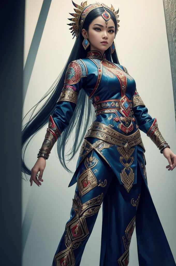 A girl wearing an Indonesian-style futuristic outfit,It embodies cultural integration and modern fashion. The suit is decorated with intricate patterns and bright colors, Showcasing Indonesia’s rich cultural heritage. The girl stood confidently,Strike a dynamic pose, Her meticulous eyes reflect determination and curiosity. The material of this suit is a combination of traditional textiles and future synthetic fibers, Giving it a unique and edgy look. Overall image quality is of the highest standard, Sharp focus,Detail rendering. This artwork uses physically based rendering techniques, Produces realistic lighting and shadows. Bright colors, Capturing the essence of Indonesian cultural aesthetics. The background combines modern architecture and traditional elements, Creating a fusion of the past and the future. The theme explores the intersection of Indonesian culture, Futuristic design, And the artistic image of a confident girl.