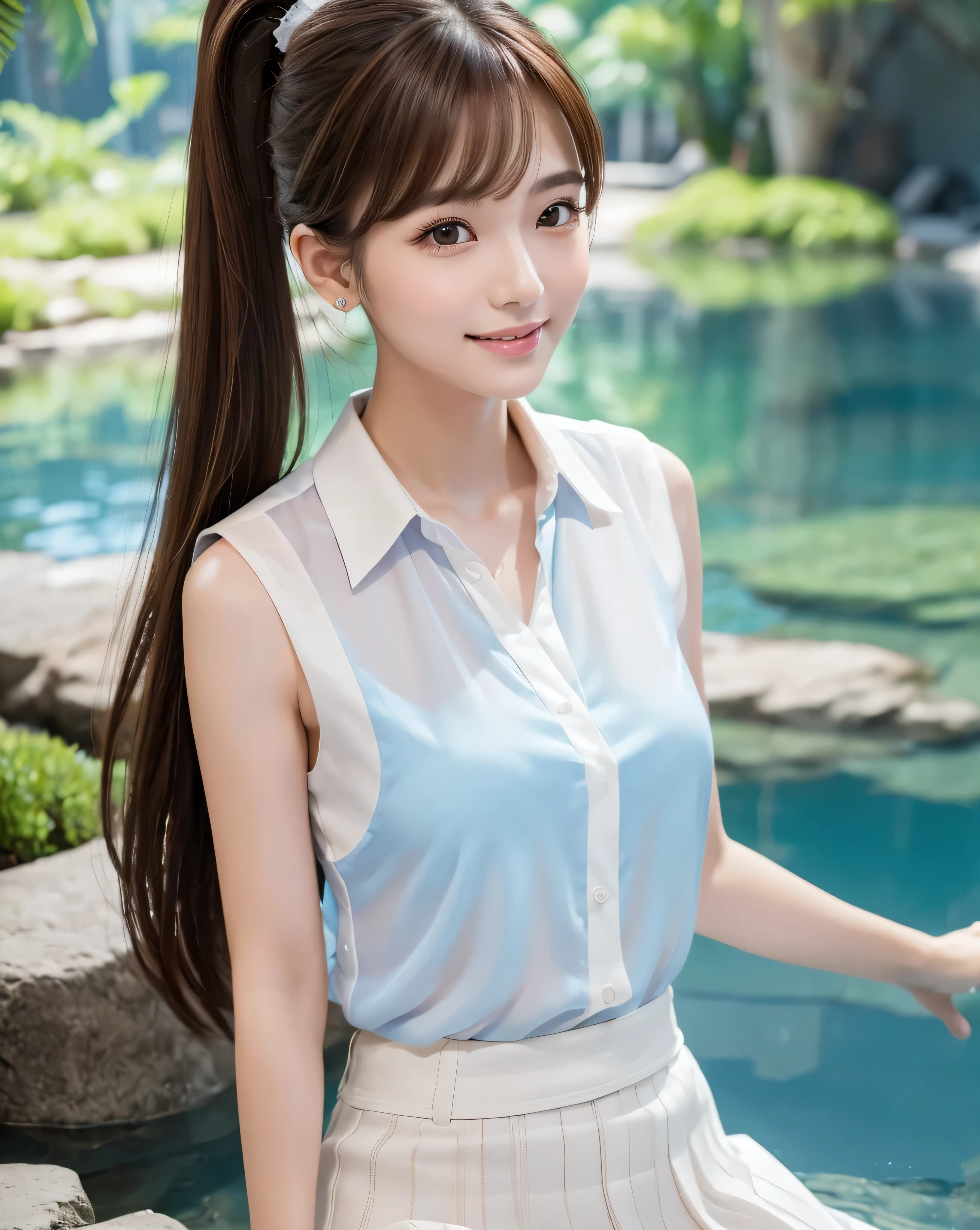(highest quality, 32k, High resolution, Masterpiece:1.5), marimo_jet, god々A photograph with brilliant dazzling and healing power., Evoking a sense of calm and elusive beauty, Expressing emotions, Have a rich imagination, Beautiful Japanese Girls, ((Full body horizontal position)), An exceptionally beautiful face, Perfect Human Anatomy, Magical big eyes, fleeting smile, Motherhood and generosity, Shiny brown hair:1.3, ((Beautiful ponytail)), Asymmetrical bangs, Hair between the eyes, Transparent, soft white skin, Neat, thin eyebrows, double eyelid, Natural Makeup, Cheek highlighter, Pale pink detailed lips, ((sleeveless white blouse:1.4)), Red checkered pleated skirt, Panoramic aquarium tank, Colorful tropical fish, Slim figure with ample breasts, High resolutionの美しい太もも, Blue lighting, Professional Lighting, Professional photographer, Professional models, God&#39;s Secret