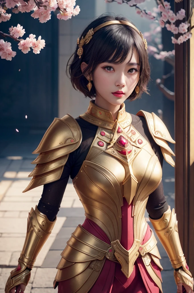 Beautiful Japan young woman, Wearing armor made of gold, Thick symmetry features, Very short hair, Background with cherry blossoms, pink halo, Red lips, Octane Rendering,