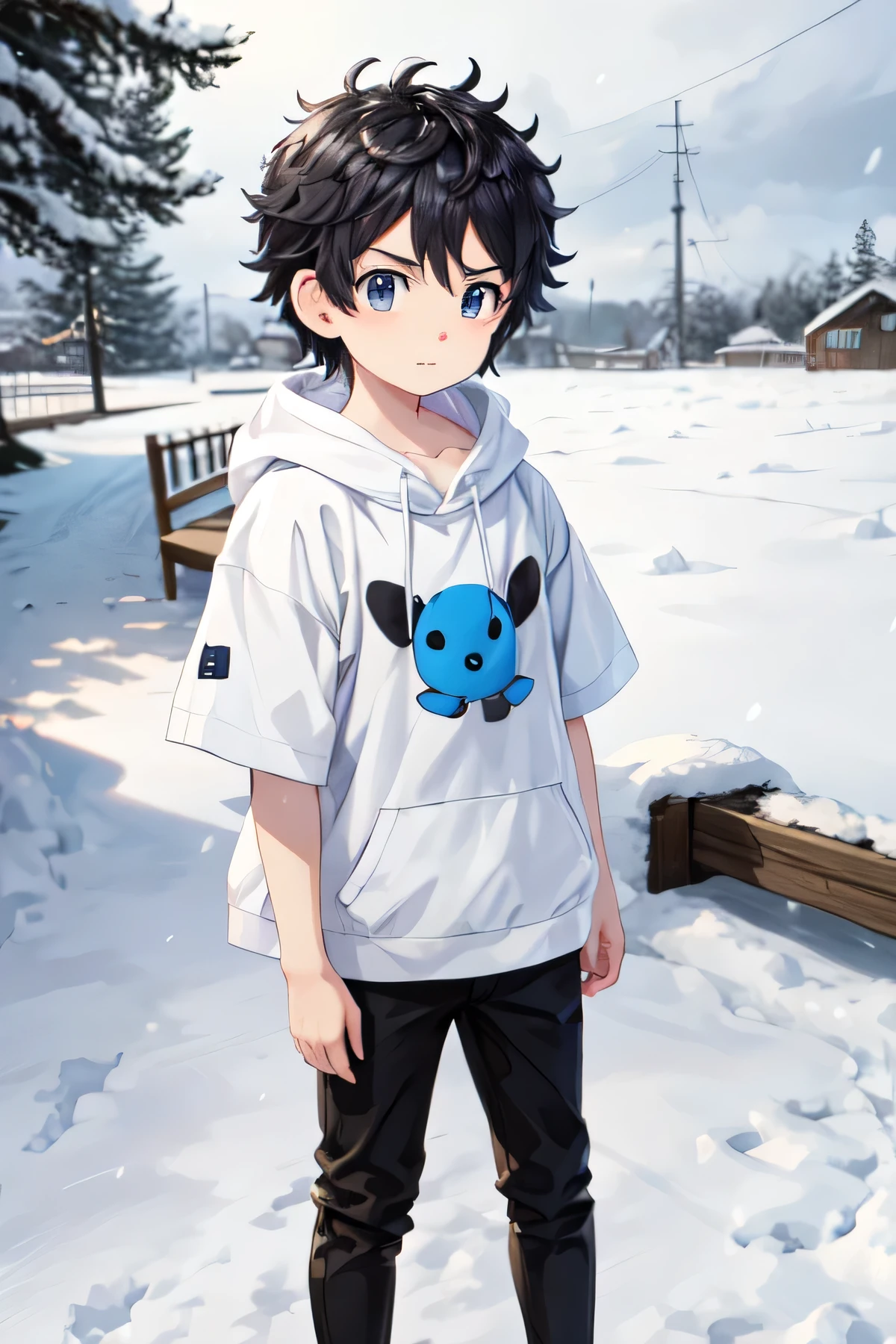 fotorrealista, (4k), profundidad de campo, (Obra maestra), Takemichi, ojos azules, perfecto cabello rubio, perfecto, rostro bien detallado,  takemichi un chico tierno con una sudadera con capucha, black pants, fondo de la nieve 🌨️❄️☃️