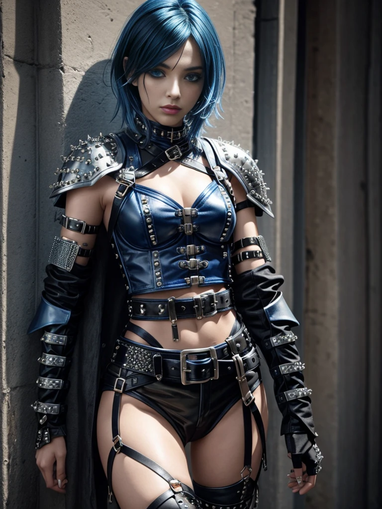 blue haired emo girl in knight armor, black studded belt, studded bracelet, boots with buckles, studded collar, leather harness,