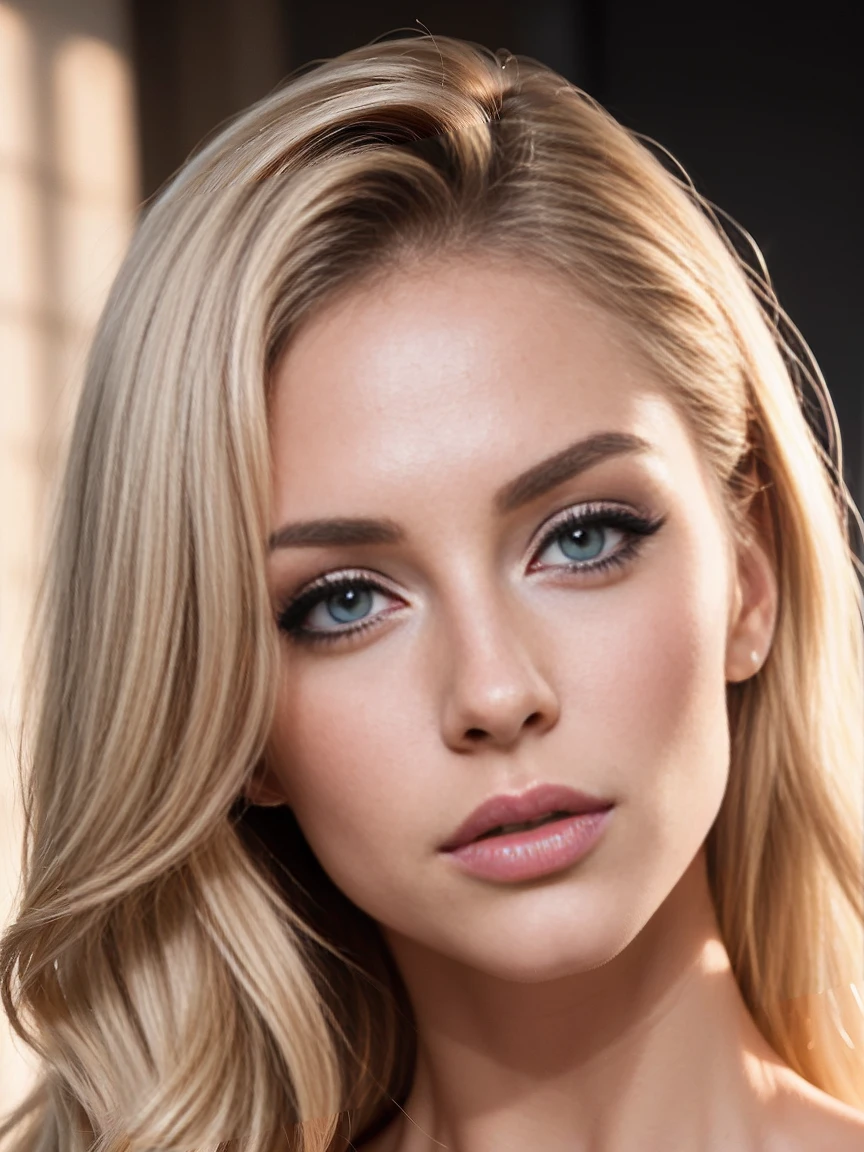 , (beautiful détaillé eyes, beautiful détaillé lips, long cils), (beau visage, professionnel), Cheveux blond, pose sexy, Look glamour, (fierce, confiant, attractive) expression, teint parfait, fit physique, elegant, (couleurs vives, tons chauds), (Diffuse light, backlight)