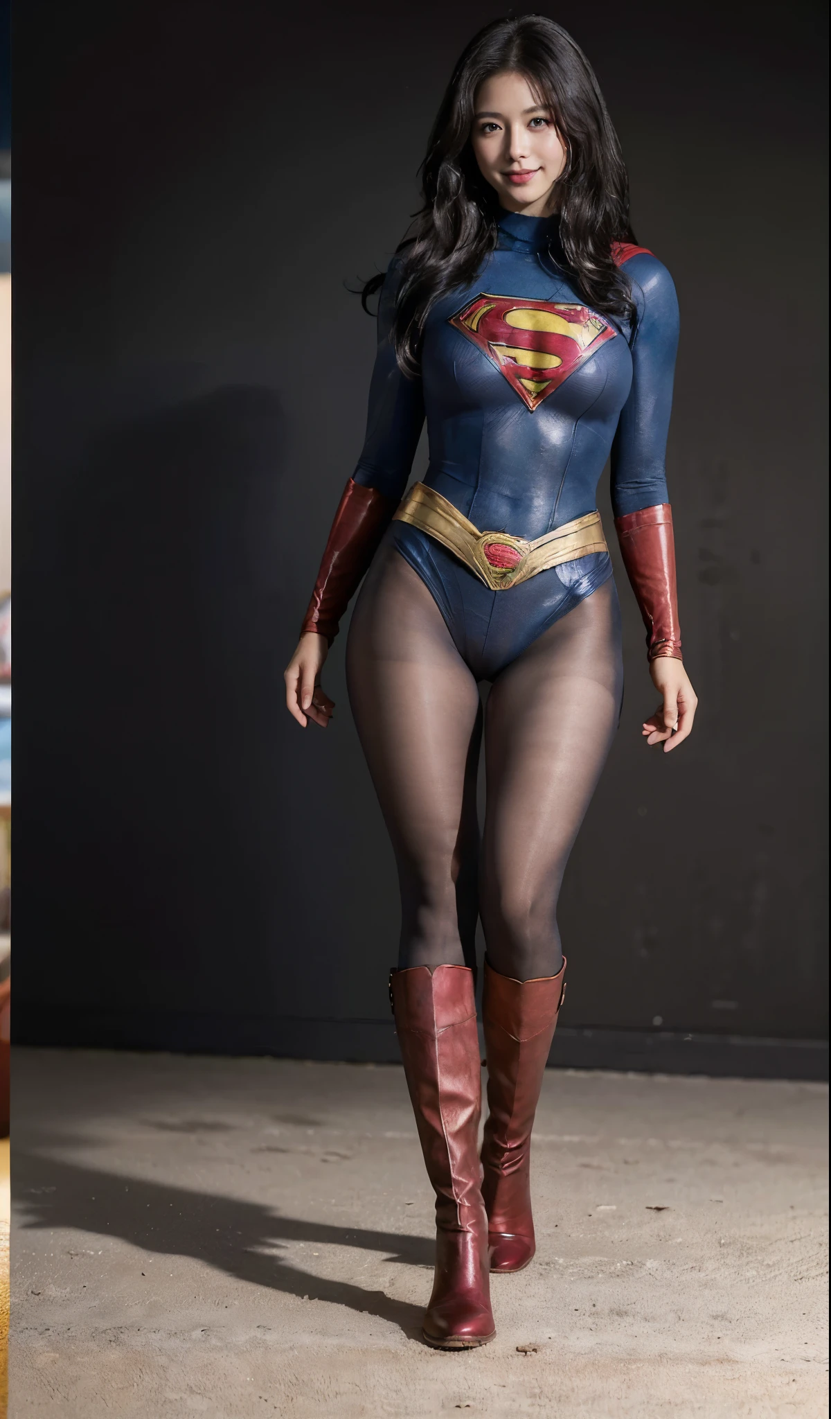 No background、(((Beautiful legs in black tights.)))、(((Legally express the beauty of your smile)))、((((Make the most of your original images)))、(((Supergirl Costume)))、(((ボディにフィットしたSupergirl Costume)))、(((Beautiful Hair)))、(((Smiles and winks)))、(((Please wear black tights....、Wear red boots)))、((Best image quality、8k))、((highest quality、8k、masterpiece:1.3))、(((Preserve background )))、Sharp focus:1.2、Beautiful woman with perfect figure:1.4、Slim Abs:1.2、Wet body:1.5、Highly detailed face and skin texture、8k