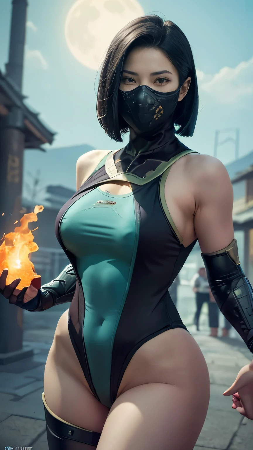 (High quality photo, ultra realistic, ultra hd, 8k, great lighting on the character, character from the game (MORTAL KOMBAT)), (Mileena) super beautiful with her skintight costume, sexy, epic photo, close-up of her beautiful face, normal hands, detailed fingers, masterpiece, perfect girl, nija erotica, (realistic 8k, photo-realistic: 1.37), realistic detailed, 1girl, stylish hair:1.5, sexy hair, beautiful black:1.2, green eyes:1.5, glowing eyes, ((mortal kombat mileena)), ninja, weapons, kimono, sexy warrior dress, camel foot, ((mortal kombat)), long breasts, large hanging breasts, (excited breasts), erotic Mileena costume, focuses on your sexy body, slim body, wide hips, tight micro swimsuit, semi-nude, fighting pose, flexible body, grinning, camel toe, serene look, temple, meditation, Ninja Mask, I covered your mouth, eyes to the sky , (micro swimsuit glued to her, sexy, (camel foot), sexy costume), super model, an erotic goddess woman, mask in a hurry, reflection, the background shows the moonlight, moon, cherry blossom, black background, gun in hand, hot erotic body, clothes glued to the body,