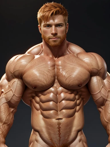 Ginger-haired male figure with extremely muscular, chiseled physique (muscular detail:1.6). Chest and abdomen muscles appear hyper-defined, with intricate fibers and striations visible (chest muscles:1.8). Lifelike skin texture with subtle imperfections (skin realism:1.4).