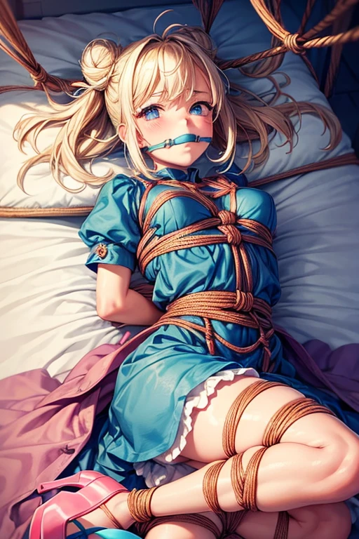piperBS, 1girl, blonde hair, hair bun, blue dress, puffy sleeves, short sleeves, pink gloves, fingerless gloves, pink belt, shoes, blue footwear, ((((gagged)))), cute and blushing 18 years old anime girl, look away because she is embarrassed and blushes, bright blue eyes, detailed face, detailed members, detailed arms, detailed hands, ((((sparkling diamond jewelry)))), tiara, ((makeup)), high heels, puffy sleeves, long gloves, long eyelashes, Girl lying, tied by ropes, shackled, can no longer move, tied tightly, very hard tied up with lots of ropes, hampered by so many ropes that she can no longer move, bound hands and feet, ropes tie his whole body, tied extremely tightly and forcefully to her bed by a lot of ropes, its limbs are strongly tied together by ropes, his torso is tied up with thick cords, her chest is so tied up with ropes that it sticks out, her legs are tied tightly with thick ropes, his hands are tied behind his back with ropes, she can no longer move her feet, her hands which are tied by thick ropes, she desperately tries to free herself, likes to be tied tight with big ropes, likes to be immobilized by big ropes, lying down, his hands and feet are strongly tied to the railing of his bed, his legs are pressed together and tied with ropes, its limbs are held vigorously by imposing ropes, her hands are tied securely behind her back by ropes, her chest is compressed by strong ropes, she is pressed against her bed and restrained by large ropes (shibari, arms behind the back:1.4), (hands on the back), (masterpiece, best quality) 1.5, 1girl, solo, (sexy, beautiful woman, perfect face, perfect eyes, perfect hands), samus aran, (shibari, arms behind the back:1.4), (hands on the back), Spread the legs, s' ((lie in bed by big ropes)), ((close up of the girl)), ((((lie in bed)))), ((((bedroom decor:1.4)))), ((((realistic decor:1.4))))
