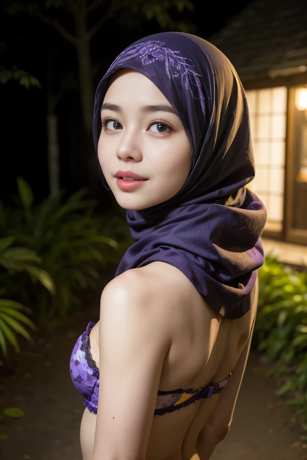 ((thick lips:1.7)), Lace, (Happy smile), (((HIJAB MALAY GIRL))), masutepiece, High quality, UHD 32K, Realistic face, Realistic skin feeling , A Japanese Lady, 8 years old, , Very cute and baby-like face, (((FLAT CHEST))), (Night time at forest), ((look In front  at the camera and SADNESS)), (((FLUORESCENCE))), (((CUTE GIRL))), ((PURPLE & YELLOW LIPS)), ((Floral Pattern)) little wearing strapless bra, strapless colorful bra, dark night horror scary place (from behind up) seductive pose