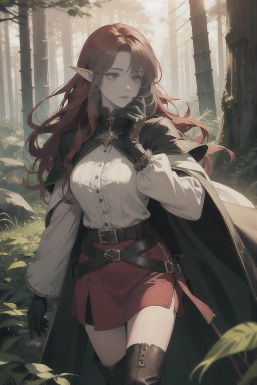 ((best quality)), ((masterpiece)), (detailed), (best quality):2 (masterpiece):2, perfect face, adult, long red hair, bangs, green eyes, elf ears, sorceress, belts, belt bag, long cape, wide sleeves, long boots, gloves, sunset, forest