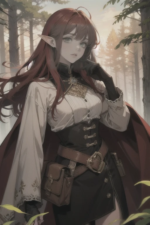 ((best quality)), ((masterpiece)), (detailed), (best quality):2 (masterpiece):2, perfect face, adult, long red hair, bangs, green eyes, elf ears, sorceress, belts, belt bag, long cape, wide sleeves, long boots, gloves, sunset, forest