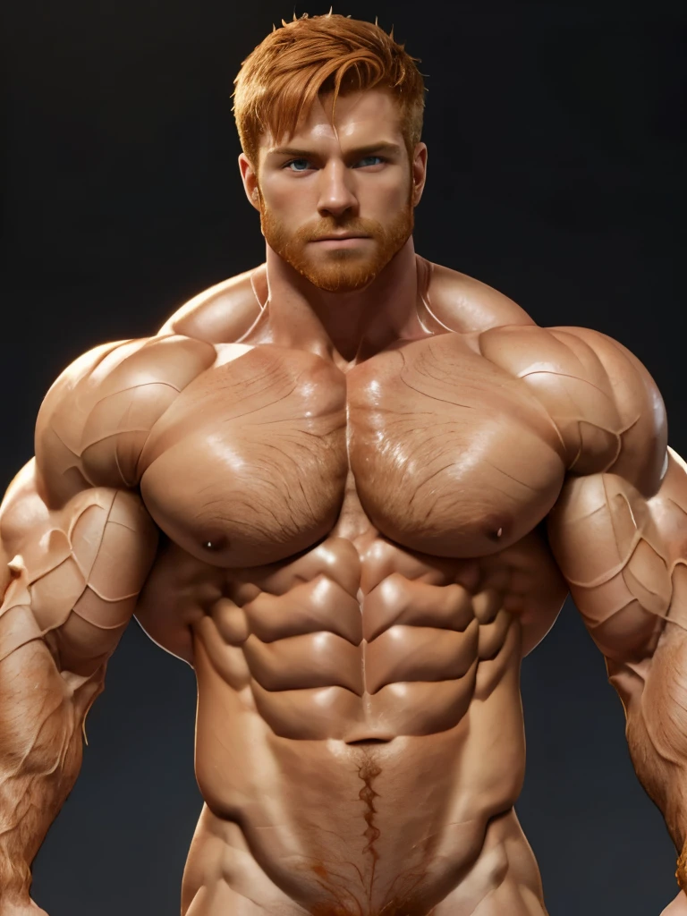 Ginger-haired male figure with extremely muscular, chiseled physique (muscular detail:1.6). Chest and abdomen muscles appear hyper-defined, with intricate fibers and striations visible (chest muscles:1.8). Lifelike skin texture with subtle imperfections (skin realism:1.4).