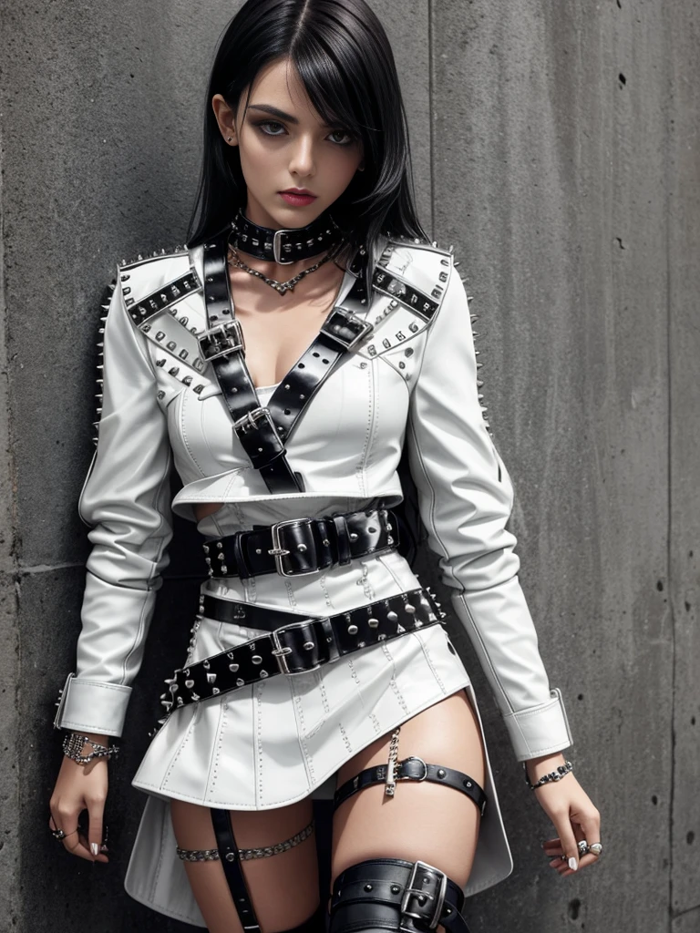 dark haired emo girl in white leather clothes, black studded belt, studded bracelet, boots with buckles, studded collar, leather harness, 