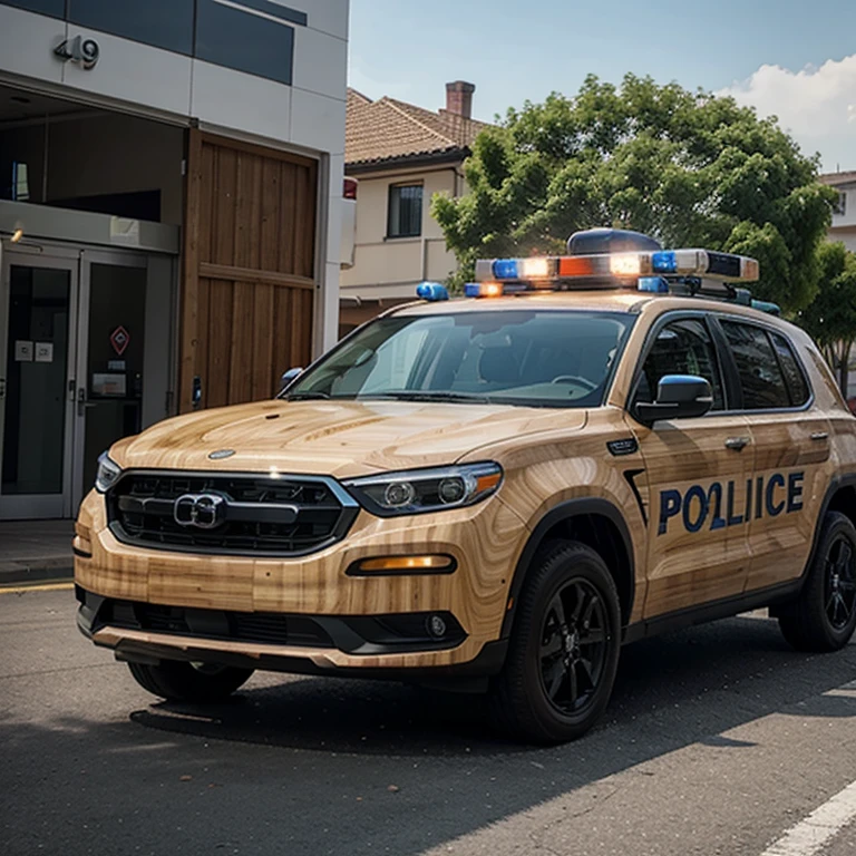 Police vehicle made of wood over the city