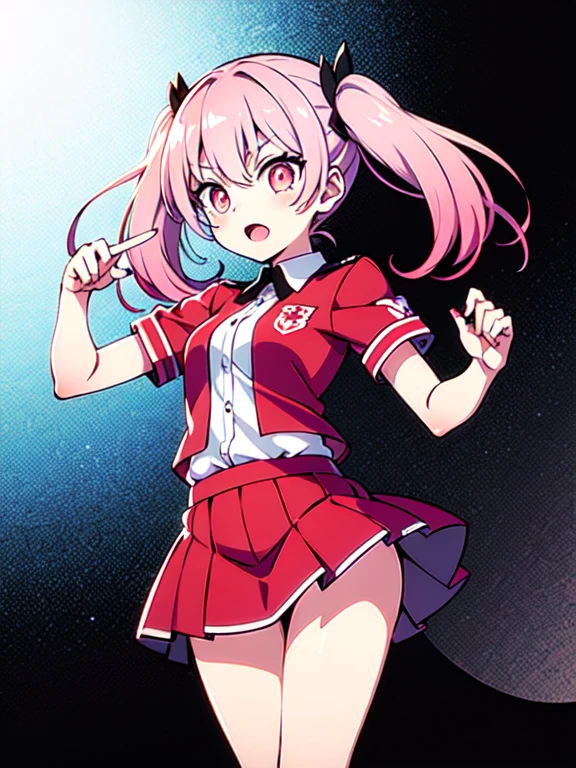 tadano con uniforme de sirvienta, pink hair, twin tails, constricted pupils, short skirt, medias blanca, adorno mucama cabeza