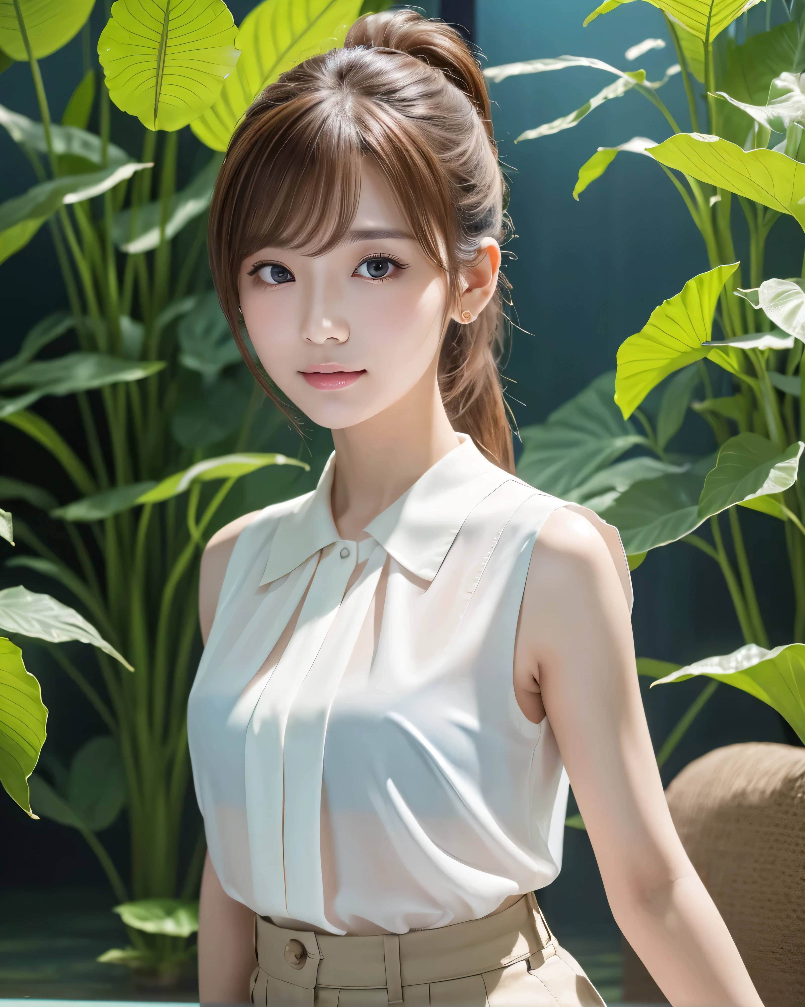 (highest quality, 32k, High resolution, Masterpiece:1.5), marimo_jet, god々A photograph with brilliant dazzling and healing power., Evoking a sense of calm and elusive beauty, Expressing emotions, Have a rich imagination, Beautiful Japanese Girls, ((Full body horizontal position)), An exceptionally beautiful face, Perfect Human Anatomy, Magical big eyes, fleeting smile, Motherhood and generosity, Shiny brown hair:1.3, ((Beautiful ponytail)), Asymmetrical bangs, Hair between the eyes, Transparent, soft white skin, Neat, thin eyebrows, double eyelid, Natural Makeup, Cheek highlighter, Pale pink detailed lips, ((sleeveless white blouse:1.4)), Red checkered pleated skirt, Panoramic aquarium tank, Colorful tropical fish, Slim figure with ample breasts, High resolutionの美しい太もも, Blue lighting, Professional Lighting, Professional photographer, Professional models, God's Secret