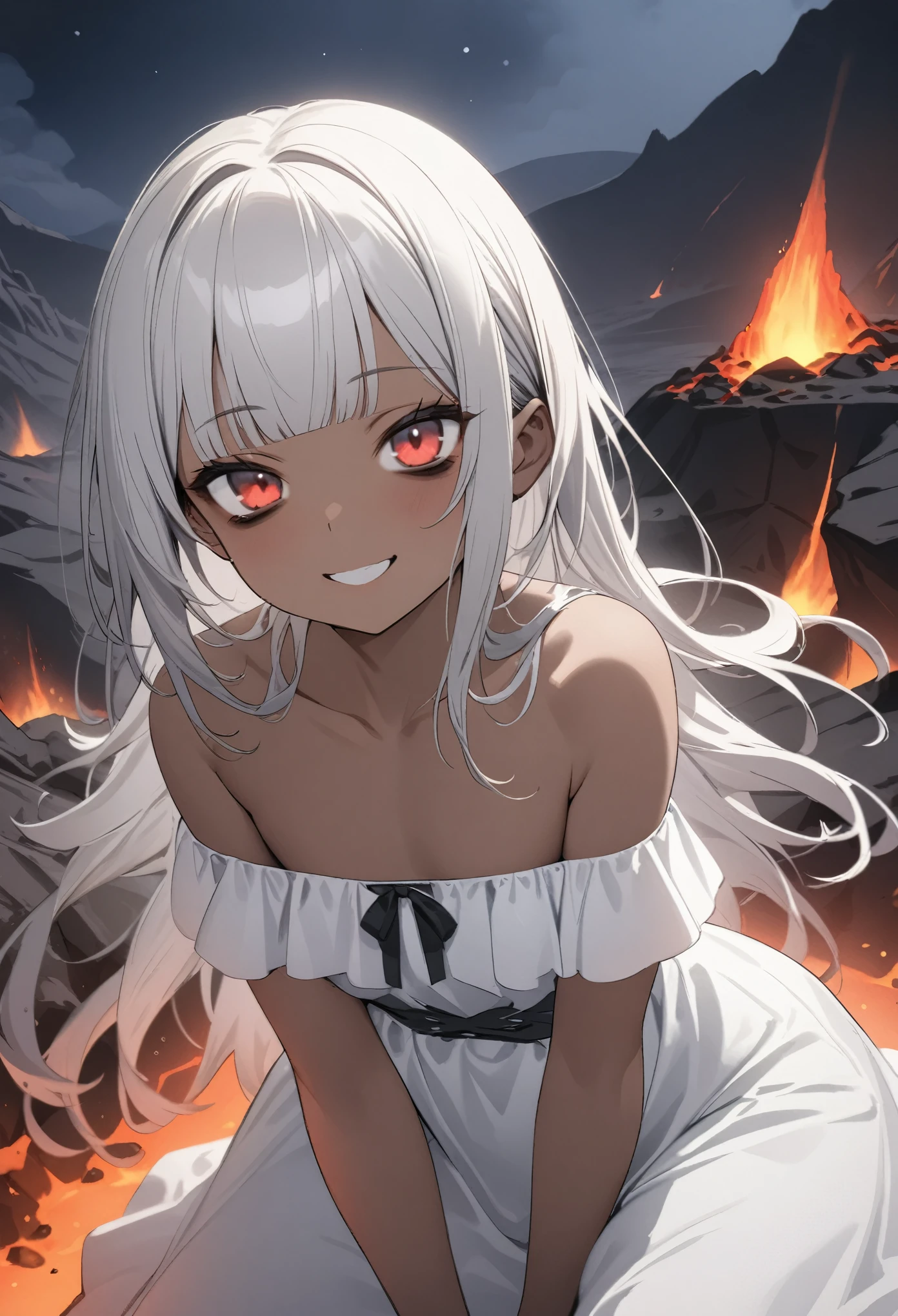 ((12 years old)), (1girl), cute young girl, (innocent smile), (Beautiful crimson eyes), ((The noble Dwarf girl)), (Slightly dark skin), (small breast), slender waist, ((bags under the eyes)), dark circles under the eyes, lower eyelashes, lower eyelashes on the face, (loose blunt bangs), Shiny unruly hair, long hair, ((beautiful pale silver hair)), (wearing Off-Shoulder Hoop Dress), ((night)), Posing with Civility, (active volcanic zone), Spewing lava, ((Masterpiece)), ((best quality)), (super detail),