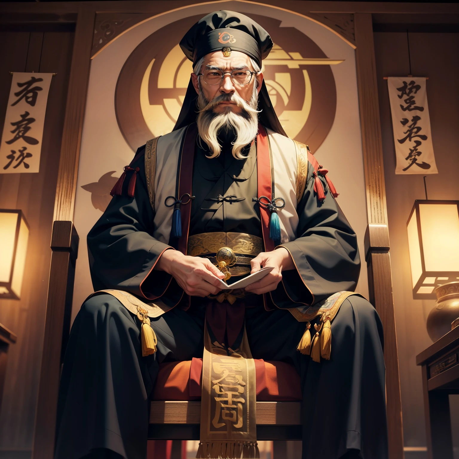 In the live broadcast screen,middle age man,very long beard, taoism cloth, Sit on a Bagua Tai Shi chair,The picture is surrounded by talismans、curio, scrolls, etc