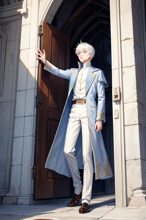 Jack Frost, 18 year old boy, short messy white hair, elegant dress, clothes, blue coat, white t-shirt, white pants with brown shoes, prince's clothes, background of a medieval tower