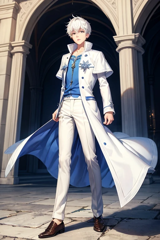 Jack Frost, 18 year old boy, short messy white hair, elegant dress, clothes, blue coat, white t-shirt, white pants with brown shoes, prince's clothes, background of a medieval tower