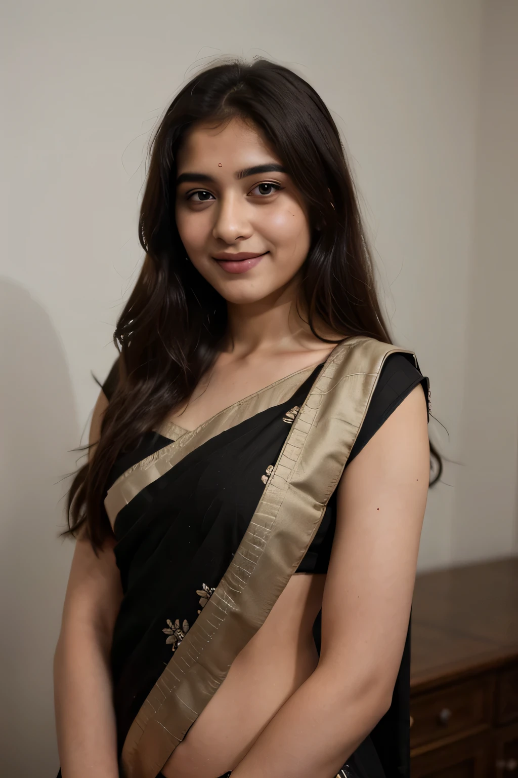 ((best quality)), ((masterpiece)), (detailed), perfect face a 21 year old beautiful Indian girl with long hair smiling face beautiful eyes wearing black Indian saree dress