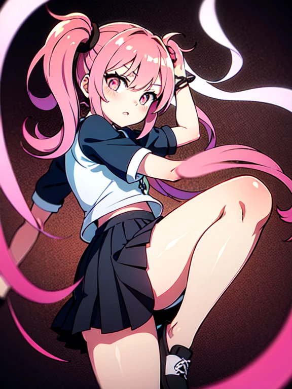 tadano con uniforme de sirvienta, pink hair, twin tails, constricted pupils, short skirt, medias blanca, adorno mucama cabeza