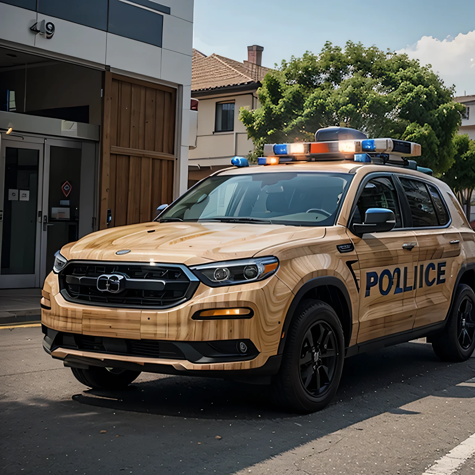 Police vehicle made of wood over the city