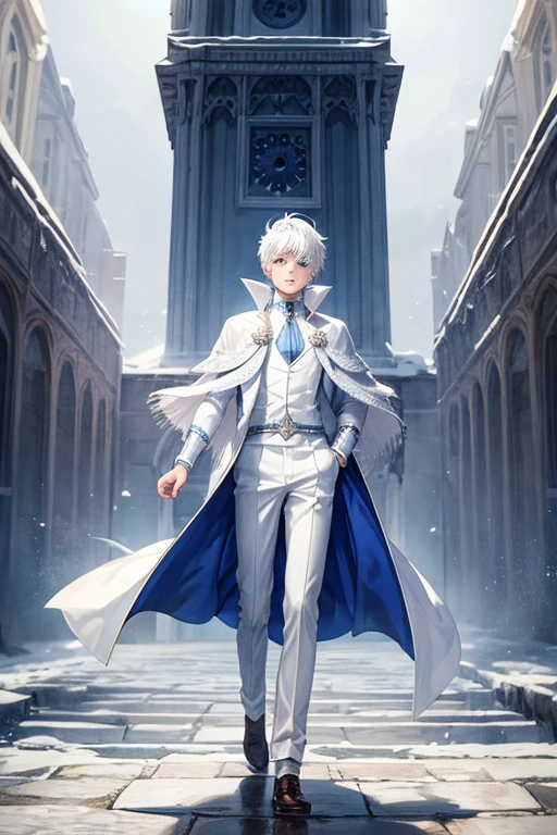 Jack Frost, 18 year old boy, short messy white hair, elegant dress, clothes, blue coat, white t-shirt, white pants with brown shoes, prince's clothes, background of a medieval tower