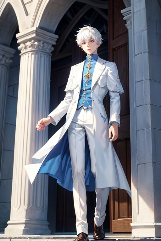 Jack Frost, 18 year old boy, short messy white hair, elegant dress, clothes, blue coat, white t-shirt, white pants with brown shoes, prince's clothes, background of a medieval tower