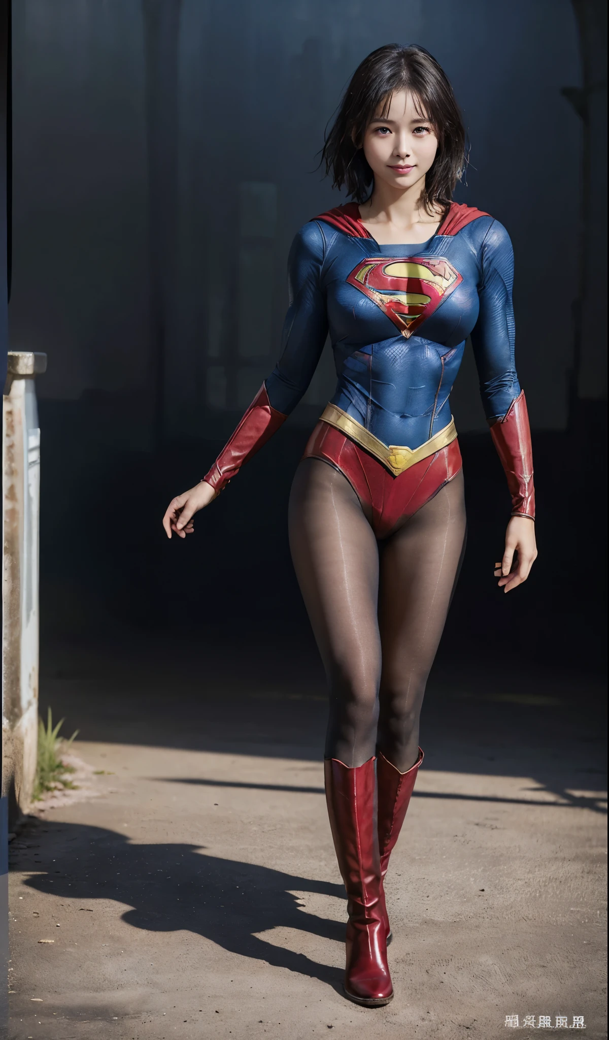 No background、(((Beautiful legs in black tights.)))、(((Legally express the beauty of your smile)))、((((Make the most of your original images)))、(((Supergirl Costume)))、(((Beautiful short bob hair)))、(((suffering)))、(((Please wear black tights....、Wear red boots)))、((Best image quality、8k))、((highest quality、8k、masterpiece:1.3))、(((Preserve background )))、Sharp focus:1.2、Beautiful woman with perfect figure:1.4、Slim Abs:1.2、Wet body:1.5、Highly detailed face and skin texture、8k