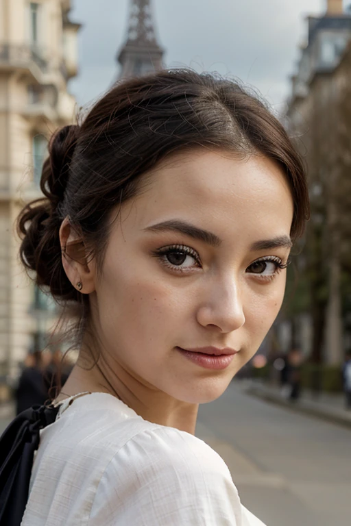 Jeune métisse française japonaise vingtaine, cheveux court noir chignon, beautiful detailed face, grand yeux noirs, Beautiful lip, corps naturels , devant la tour Eiffel, facing the camera, reflet du soleil sur son visage, petit sourire en coin , dressed elegantly