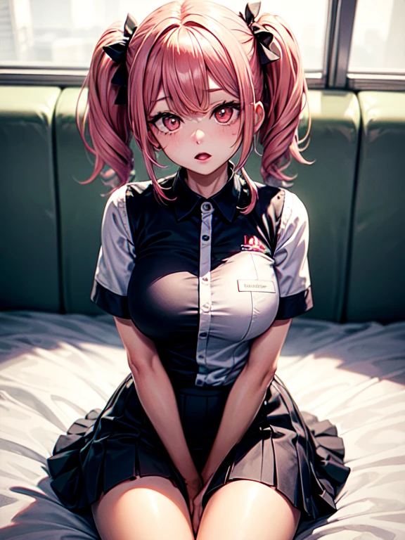 tadano con uniforme de sirvienta, pink hair, twin tails, constricted pupils, short skirt, medias blanca, adorno mucama cabeza