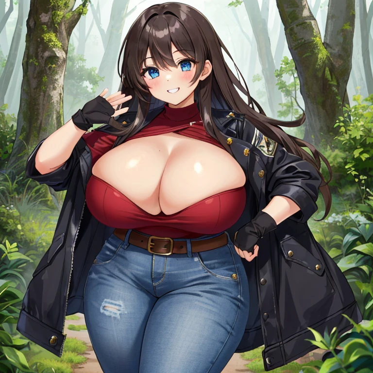 A Beautiful Cute Girl, with (Lush, Long Dark-Brown Hair), (Big Beautiful Blue Eyes), (Extremely Oversized Absolutely Gigantic Breasts), Big Thick Thighs, and a Very Curvy Body with a muscular Figure. She’s wearing a (Weathered Black-Leather-Jacket), a Big Cleavage Red Shirt, (Heavily Worn, Dark-Blue Jeans), a Brown Leather Belt, and Black Fingerless-Gloves. Standing In a confident pose, holding her hips, with a confident grin. Exploring a Forest, deep within the Mountains, (((Best Quality))), ((Masterpiece)), ((Perfect Anatomy)), ((Perfect Hands)), ((Accurately Weathered Clothes)), ((Best Resolution)), ((Highest Detail)), ((Accurate Clothes)), (((1girl))),