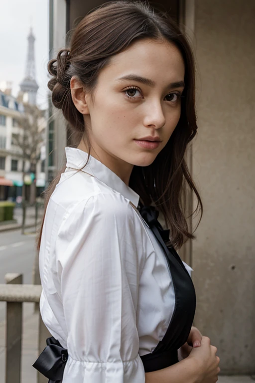 Jeune métisse française japonaise vingtaine, cheveux court noir chignon, beautiful detailed face, grand yeux noirs, Beautiful lip, corps naturels , devant la tour Eiffel,visage et corps Face à la caméra, reflet du soleil sur son visage , dressed elegantly, camera a little far away, vue d'ensemble 