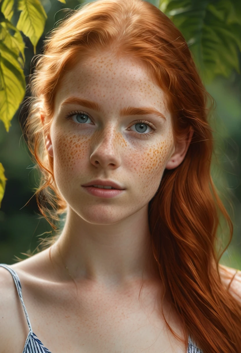 super realistic image, high quality uhd 8K, of 18 year old girl, detailed realistic, redhead, long ginger hair, high detailed realistic skin, (((face and shoulder view portrait))), real vivid colors, standing