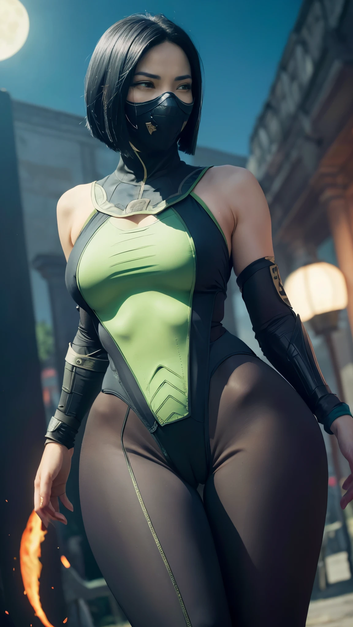 (High quality photo, ultra realistic, ultra hd, 8k, great lighting on the character, character from the game (MORTAL KOMBAT)), (Mileena) super beautiful with her skintight costume, sexy, epic photo, close-up of her beautiful face, normal hands, detailed fingers, masterpiece, perfect girl, nija erotica, (realistic 8k, photo-realistic: 1.37), realistic detailed, 1girl, stylish hair:1.5, sexy hair, beautiful black:1.2, green eyes:1.5, glowing eyes, ((mortal kombat mileena)), ninja, weapons, kimono, sexy warrior dress, camel foot, ((mortal kombat)), long breasts, large hanging breasts, (excited breasts), erotic Mileena costume, focuses on your sexy body, slim body, wide hips, tight micro swimsuit, semi naked, fighting pose, (flexible body, sitting with legs open, wide open, (camel toe)), perfect look, temple, meditation, Ninja Mask, I covered her mouth, eyes to the sky, (micro swimsuit glued to her, sexy, (camel foot), sexy costume), super model, an erotic goddess woman, mask in a hurry, reflection, the background shows the moonlight , moon, cherry blossom, black background, gun in hand, erotic hot body, tight-fitting clothes,