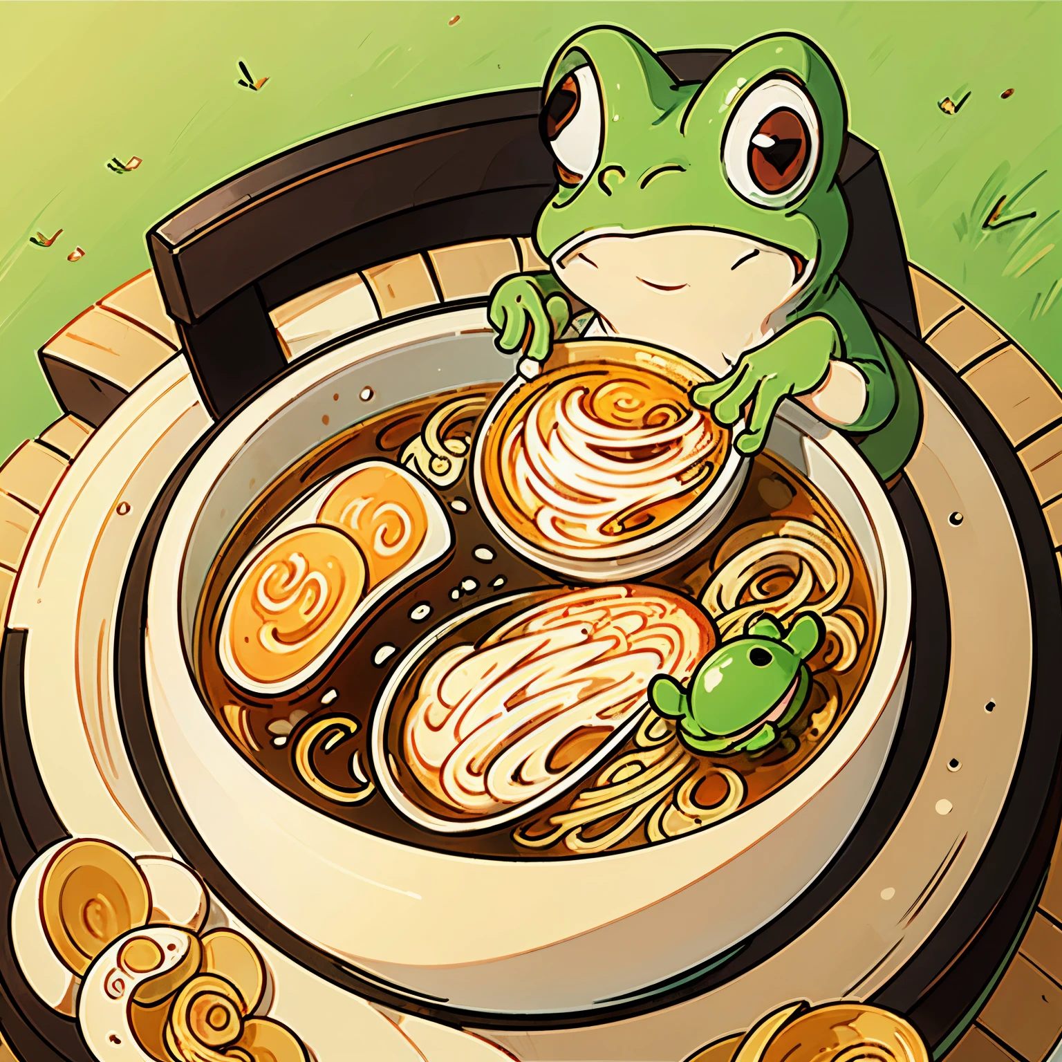 Frog sitting inside a bowl of ramen, eating the noodles, anime style