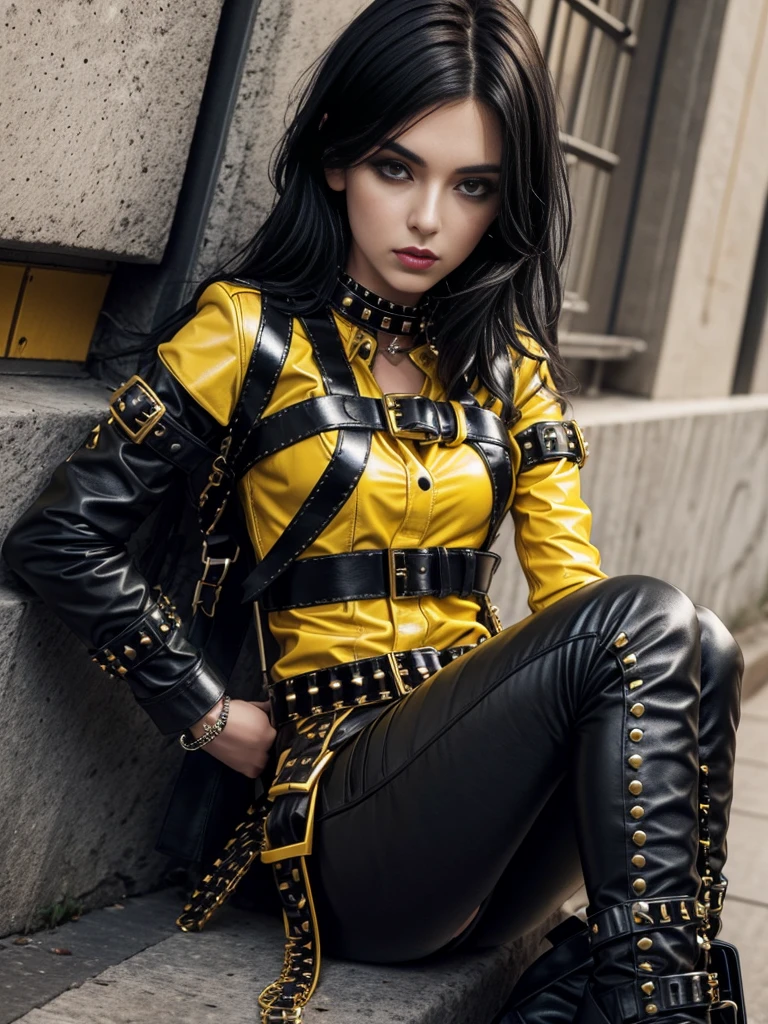 dark haired emo girl in yellow leather clothes, black studded belt, studded bracelet, boots with buckles, studded collar, leather harness, 