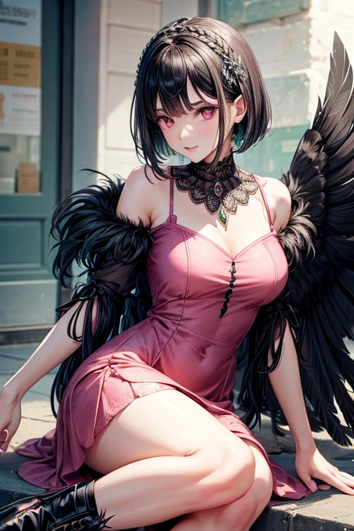 40-year-old woman elegant clothing dress adorned with feathers short black hair with feather decorations in her hair feather dress pink eyes green sneakersr