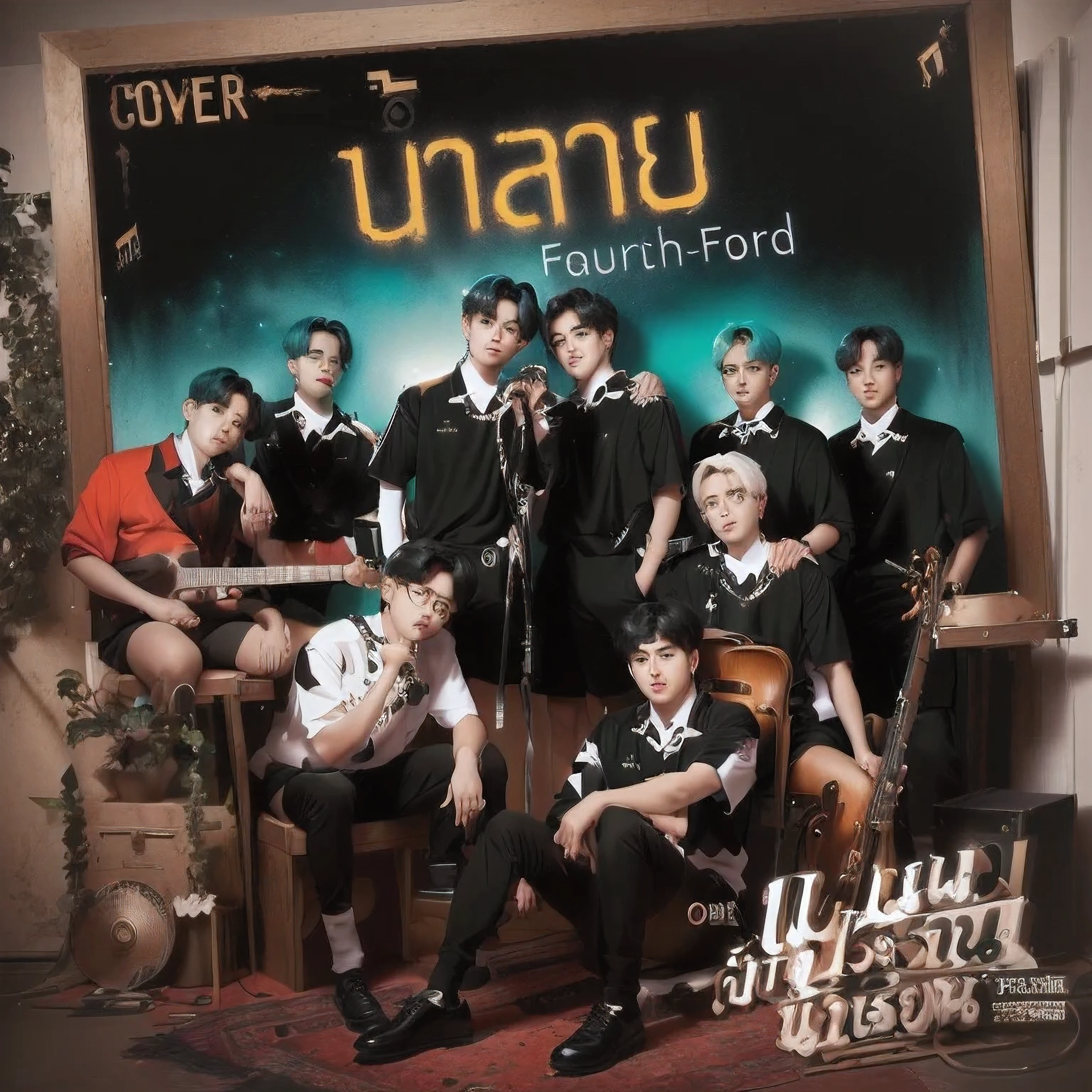 Os integrantes do bts posando para uma foto em frente a um quadro negro, new album cover, album cover, capa de arte, album capa de arte, album art, capa de anime, music album cover, album cover!, alternate album cover, Admirador de arte, arte oficial, foto de grupo, tithi luadthong, fourteen dimensions, foto da capa, an album cover, official Admirador de arte, reboque