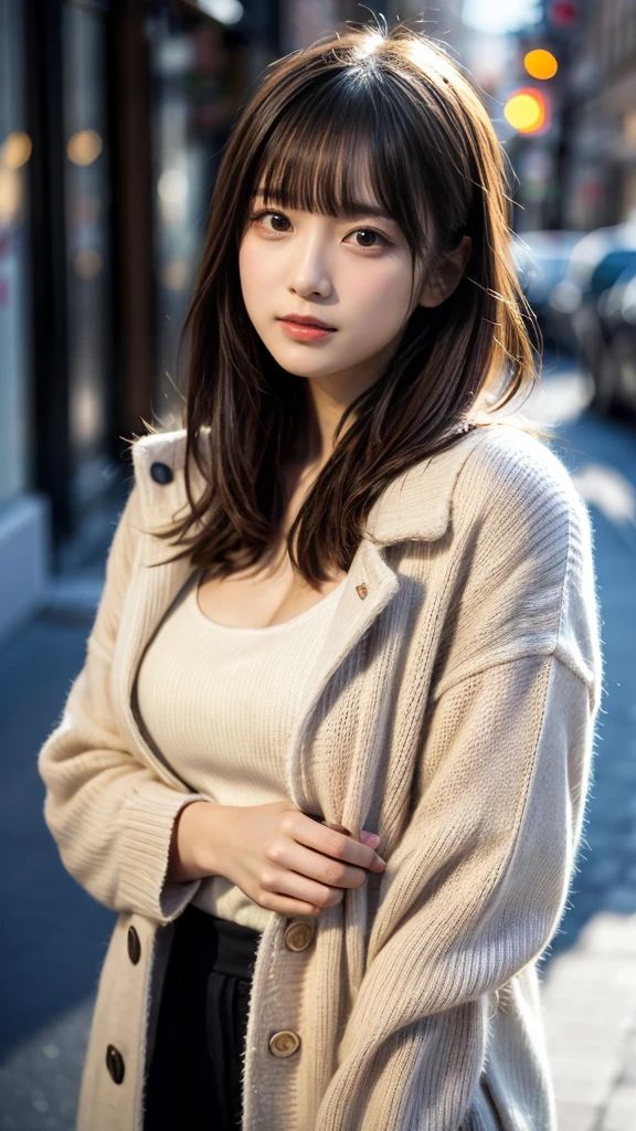 masterpiece, Best Quality, 8K, 20 yo, huge breasts, cuddly, Solo, sad, Cute, Girly, Delicate girl, Neat and clean beauty,  Raw photo, Professional Photography, Portrait, Soft light, Professional Lighting, Back lighting, Upper body, from front, Sophisticated, Film grain, (Eyes and faces with detailed:1.0), short length floating hair, beautiful flowing hair, bangs, Pea coat, wool sweater